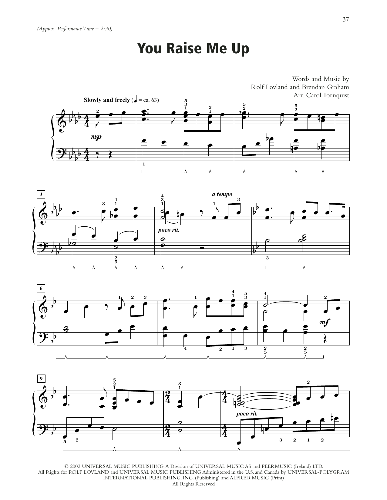 Josh Groban You Raise Me Up Sheet Music Notes & Chords for Piano Solo - Download or Print PDF