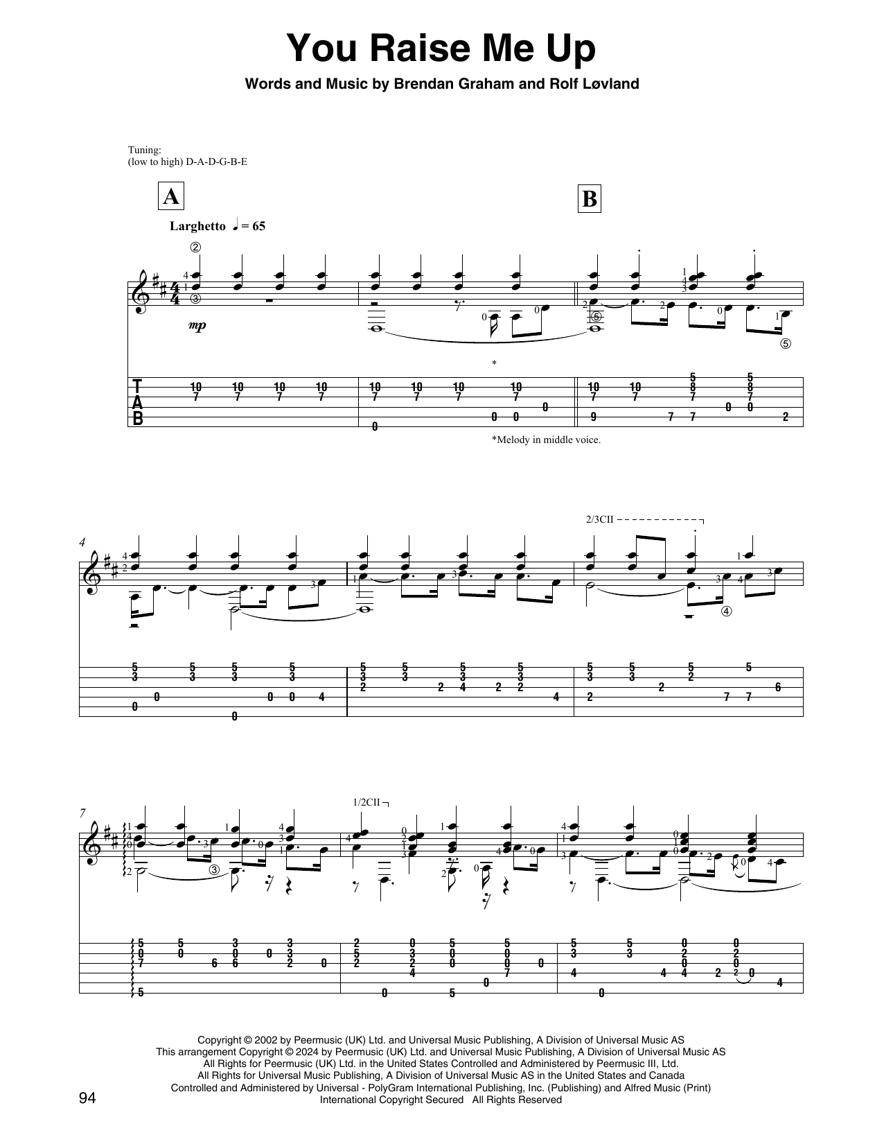 Josh Groban You Raise Me Up (arr. David Jaggs) Sheet Music Notes & Chords for Solo Guitar - Download or Print PDF