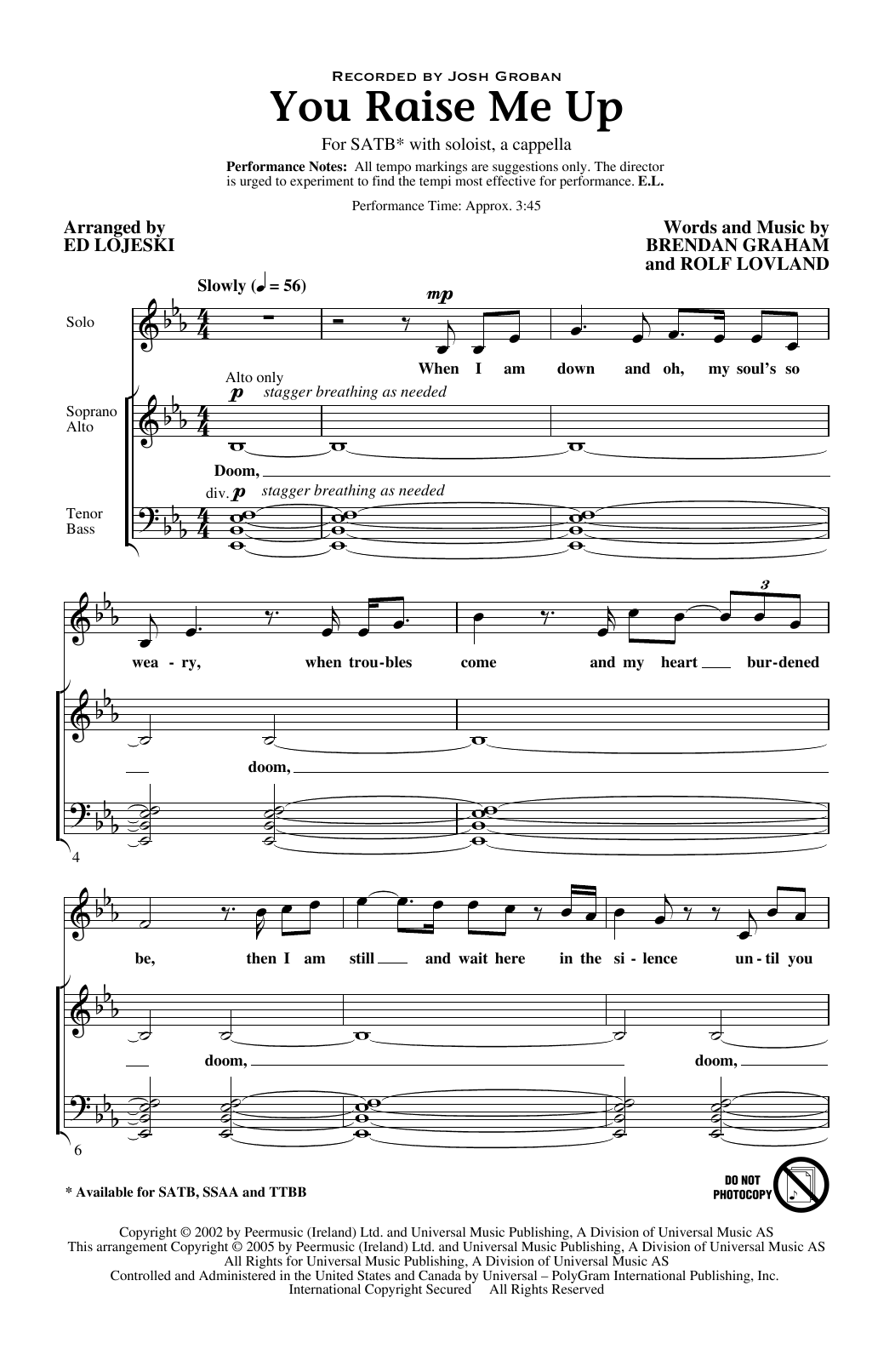 Josh Groban You Raise Me Up (arr. Ed Lojeski) Sheet Music Notes & Chords for TTBB Choir - Download or Print PDF