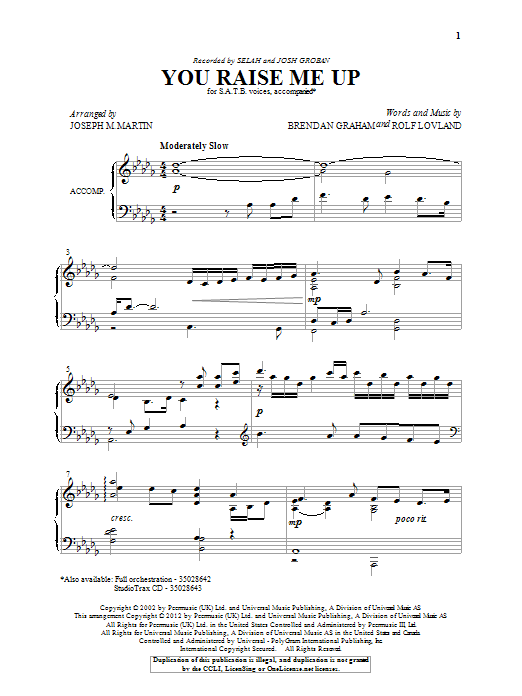 Josh Groban You Raise Me Up (arr. Joseph M. Martin) Sheet Music Notes & Chords for SATB - Download or Print PDF