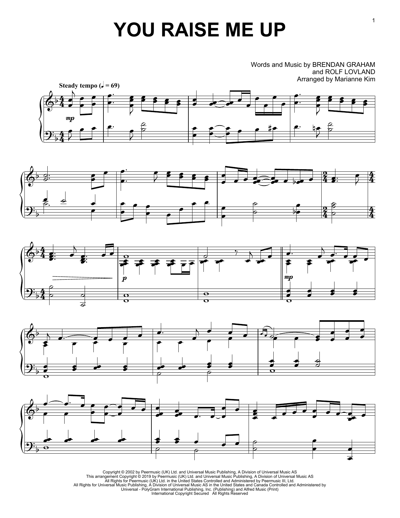 Josh Groban You Raise Me Up (arr. Marianne Kim) Sheet Music Notes & Chords for Piano Solo - Download or Print PDF