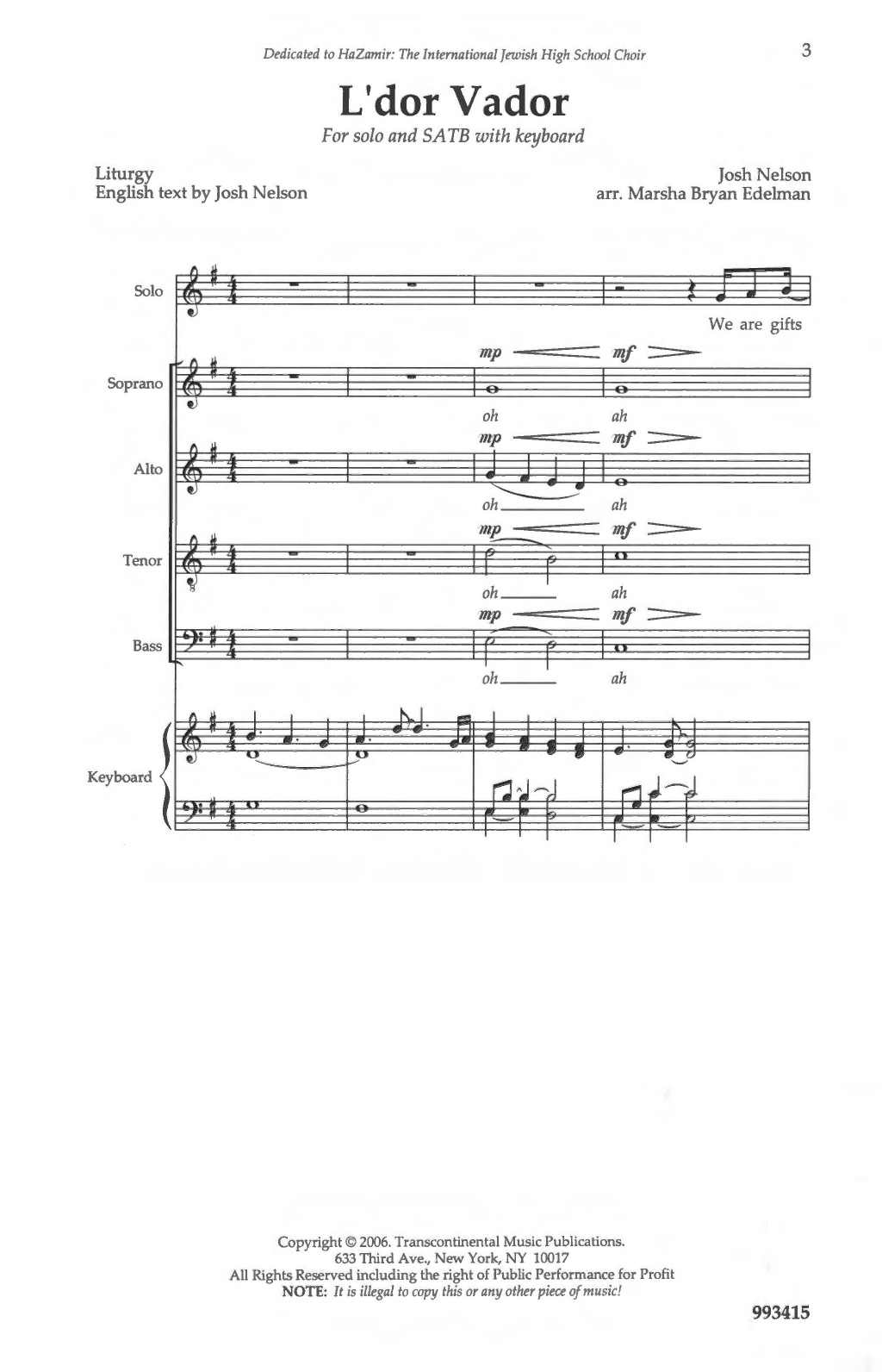 Josh Nelson L'dor Vador Sheet Music Notes & Chords for SATB - Download or Print PDF