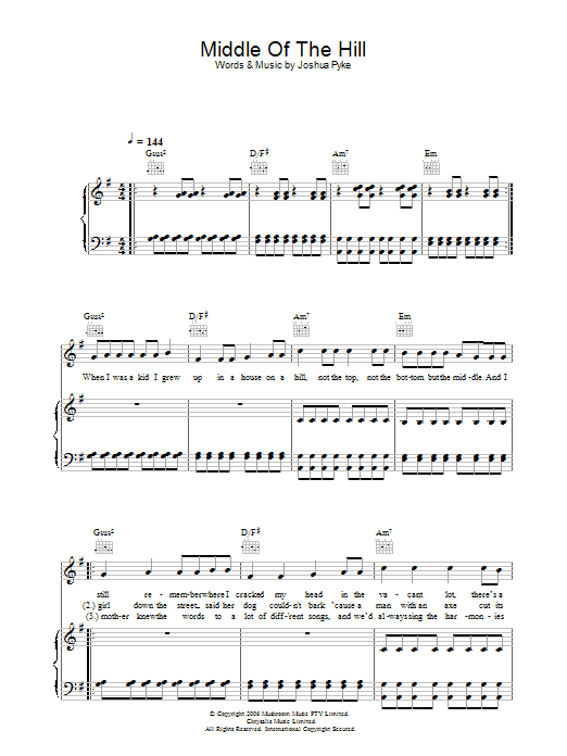 Josh Pyke Middle Of The Hill Sheet Music Notes & Chords for Piano, Vocal & Guitar - Download or Print PDF