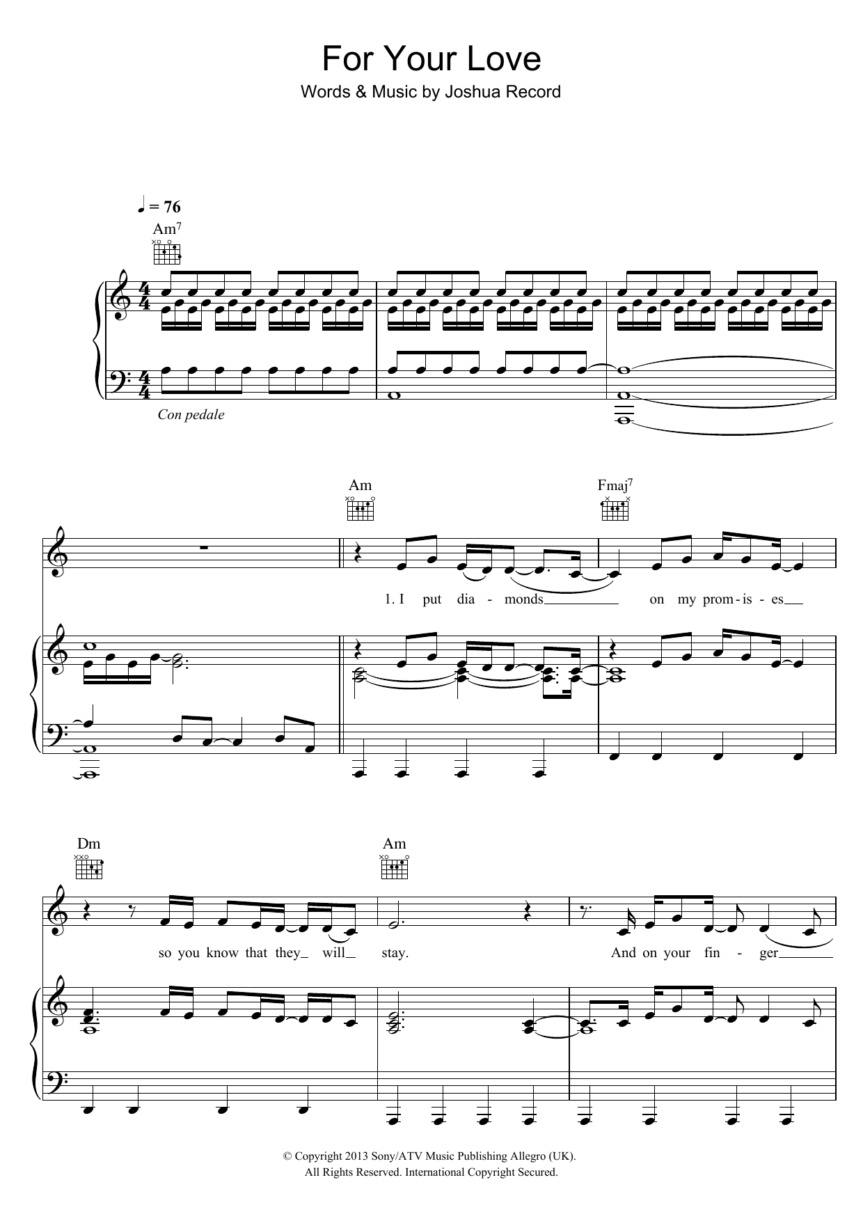 Josh Record For Your Love Sheet Music Notes & Chords for Piano, Vocal & Guitar (Right-Hand Melody) - Download or Print PDF