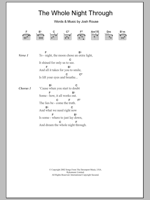 Josh Rouse The Whole Night Through Sheet Music Notes & Chords for Lyrics & Chords - Download or Print PDF