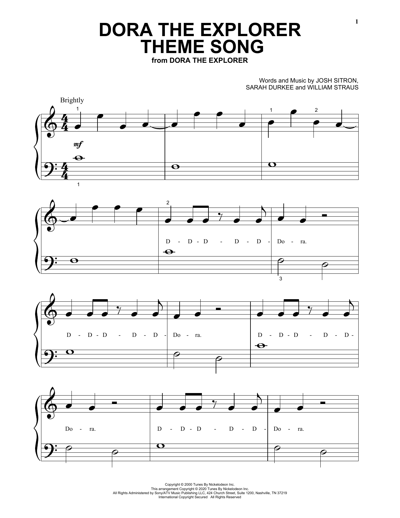 Josh Sitron, Sarah Durkee and William Straus Dora The Explorer Theme Song Sheet Music Notes & Chords for Big Note Piano - Download or Print PDF