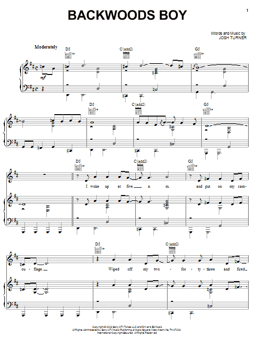 Josh Turner Backwoods Boy Sheet Music Notes & Chords for Piano, Vocal & Guitar (Right-Hand Melody) - Download or Print PDF