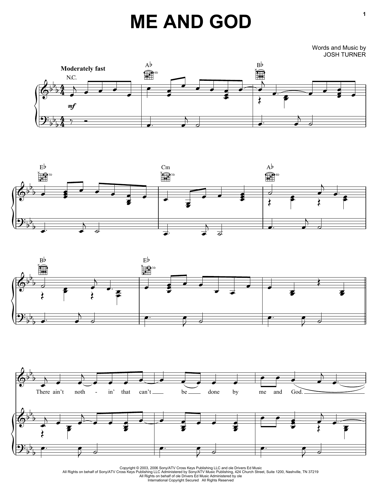Josh Turner Me And God Sheet Music Notes & Chords for Piano, Vocal & Guitar (Right-Hand Melody) - Download or Print PDF
