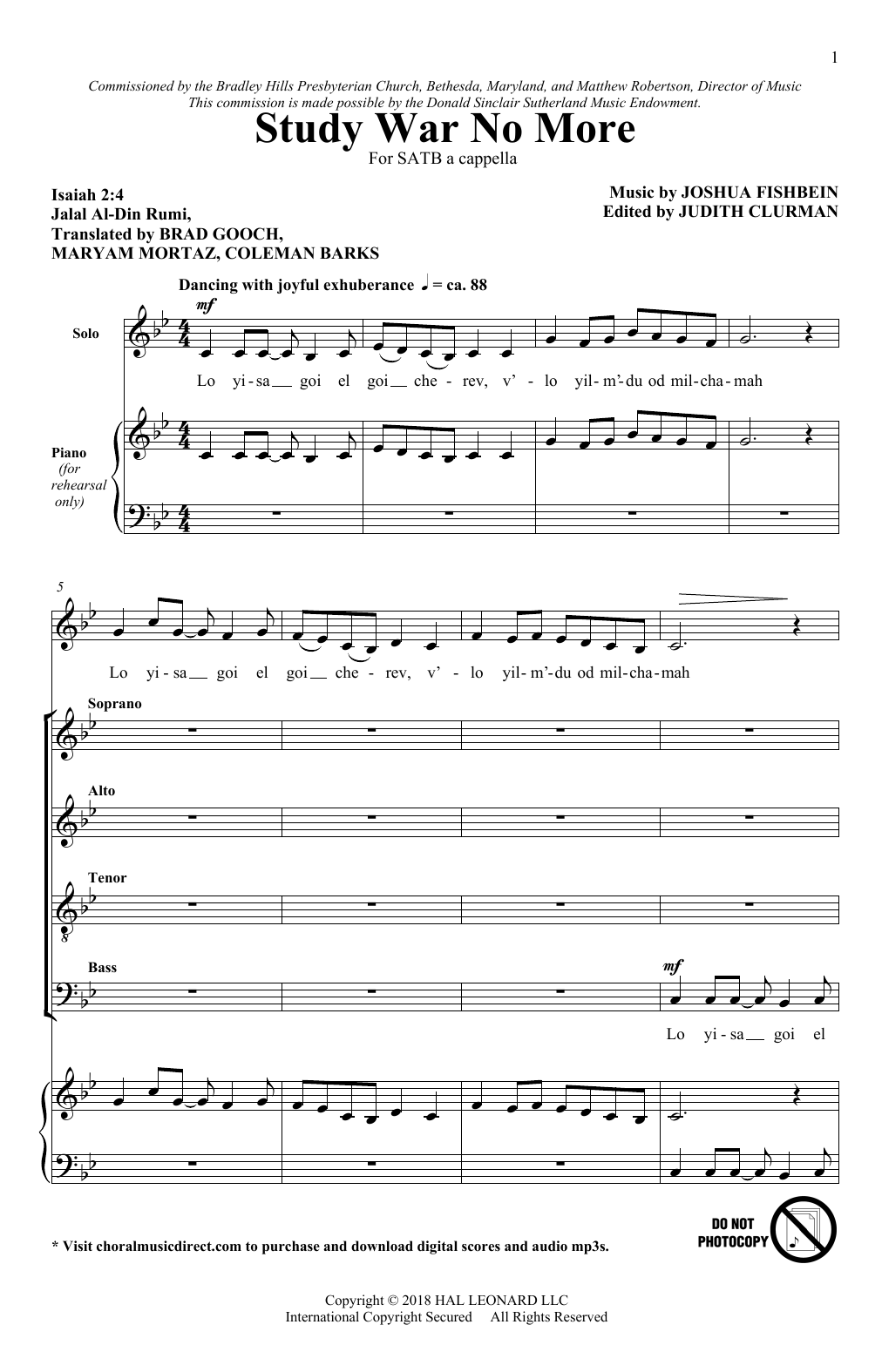 Joshua Fishbein Study War No More Sheet Music Notes & Chords for SATB - Download or Print PDF