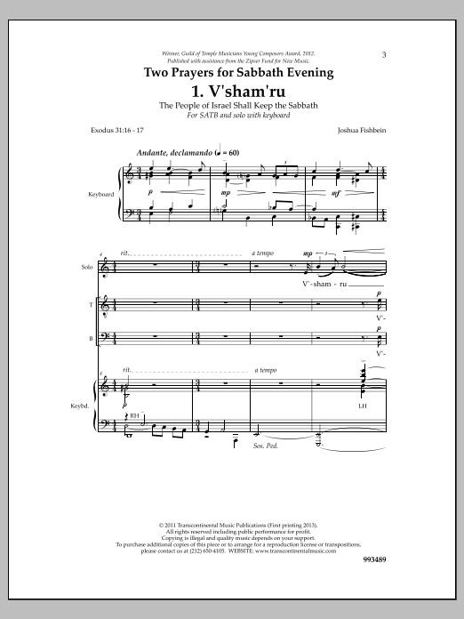 Joshua Fishbein Two Prayers for Sabbath Evening Sheet Music Notes & Chords for Choral - Download or Print PDF