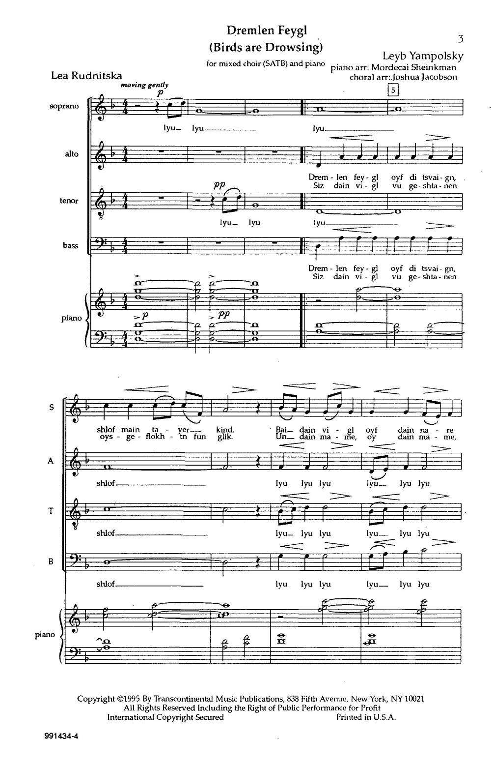 Joshua Jacobson Dremlen Feygl (Birds Are Drowsing) Sheet Music Notes & Chords for SATB Choir - Download or Print PDF