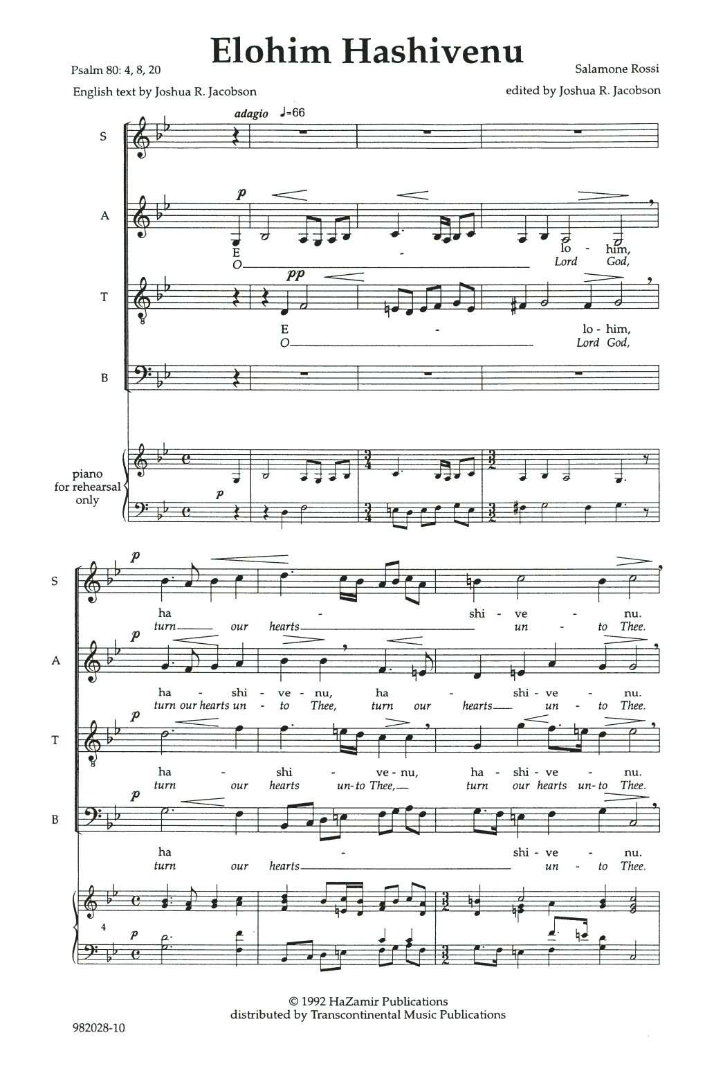 Joshua Jacobson Elohim Hashiveinu (O Lord, Turn Our Hearts) Sheet Music Notes & Chords for SATB Choir - Download or Print PDF
