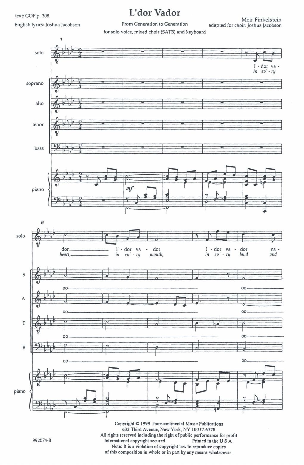 Joshua Jacobson L'dor Vador (from Generation To Generation) Sheet Music Notes & Chords for SATB Choir - Download or Print PDF
