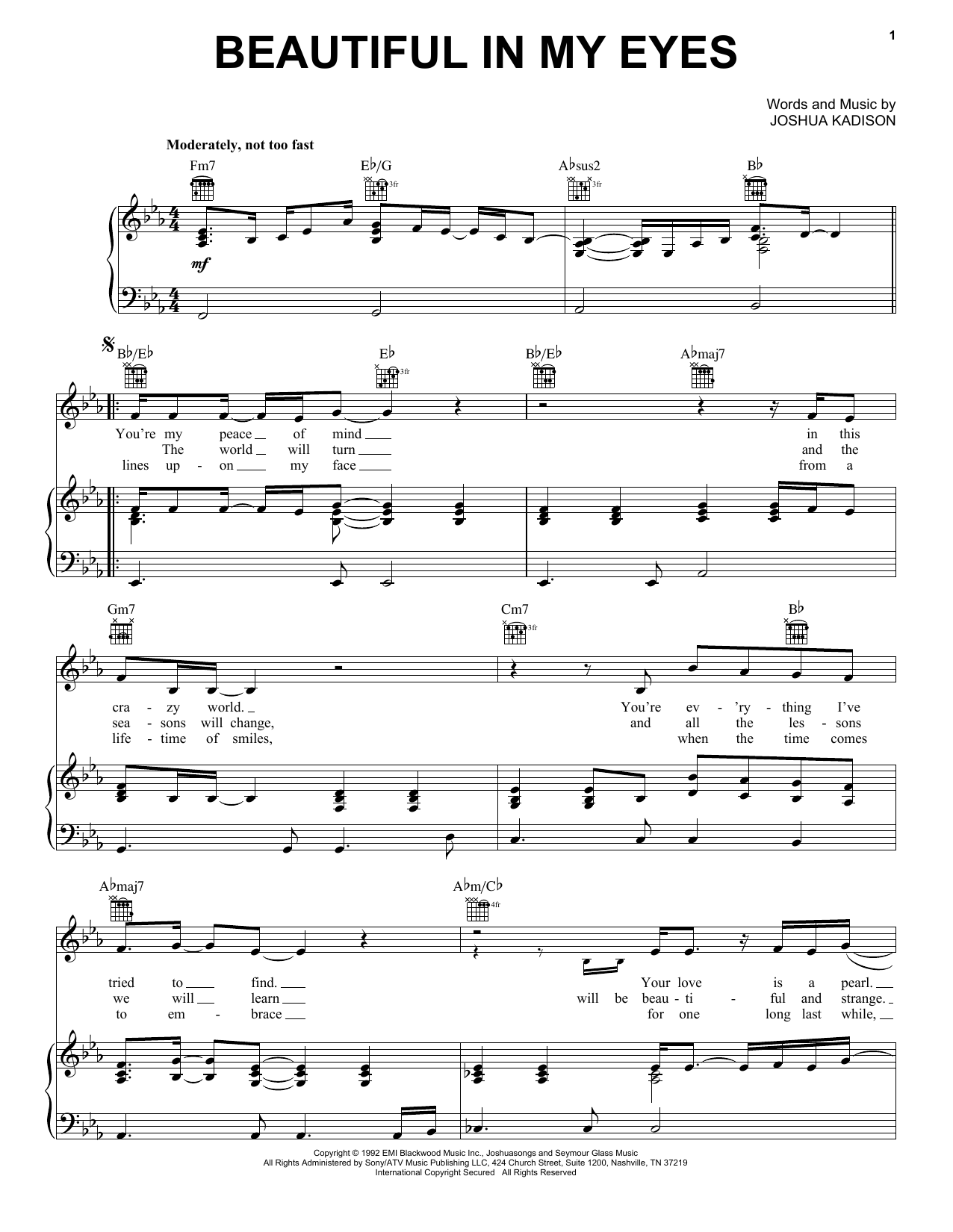 Joshua Kadison Beautiful In My Eyes Sheet Music Notes & Chords for Lyrics & Chords - Download or Print PDF