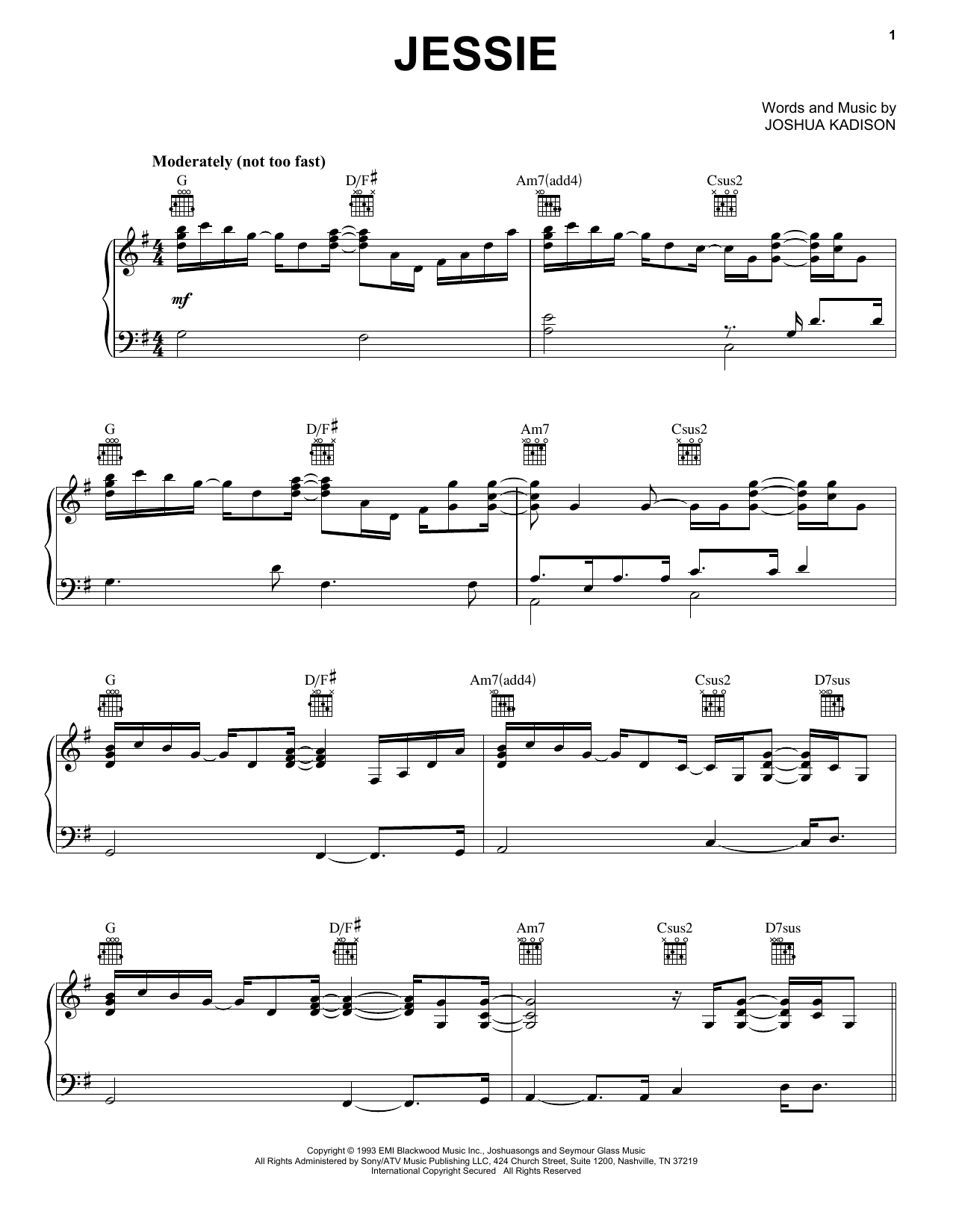 Joshua Kadison Jessie Sheet Music Notes & Chords for Piano, Vocal & Guitar (Right-Hand Melody) - Download or Print PDF