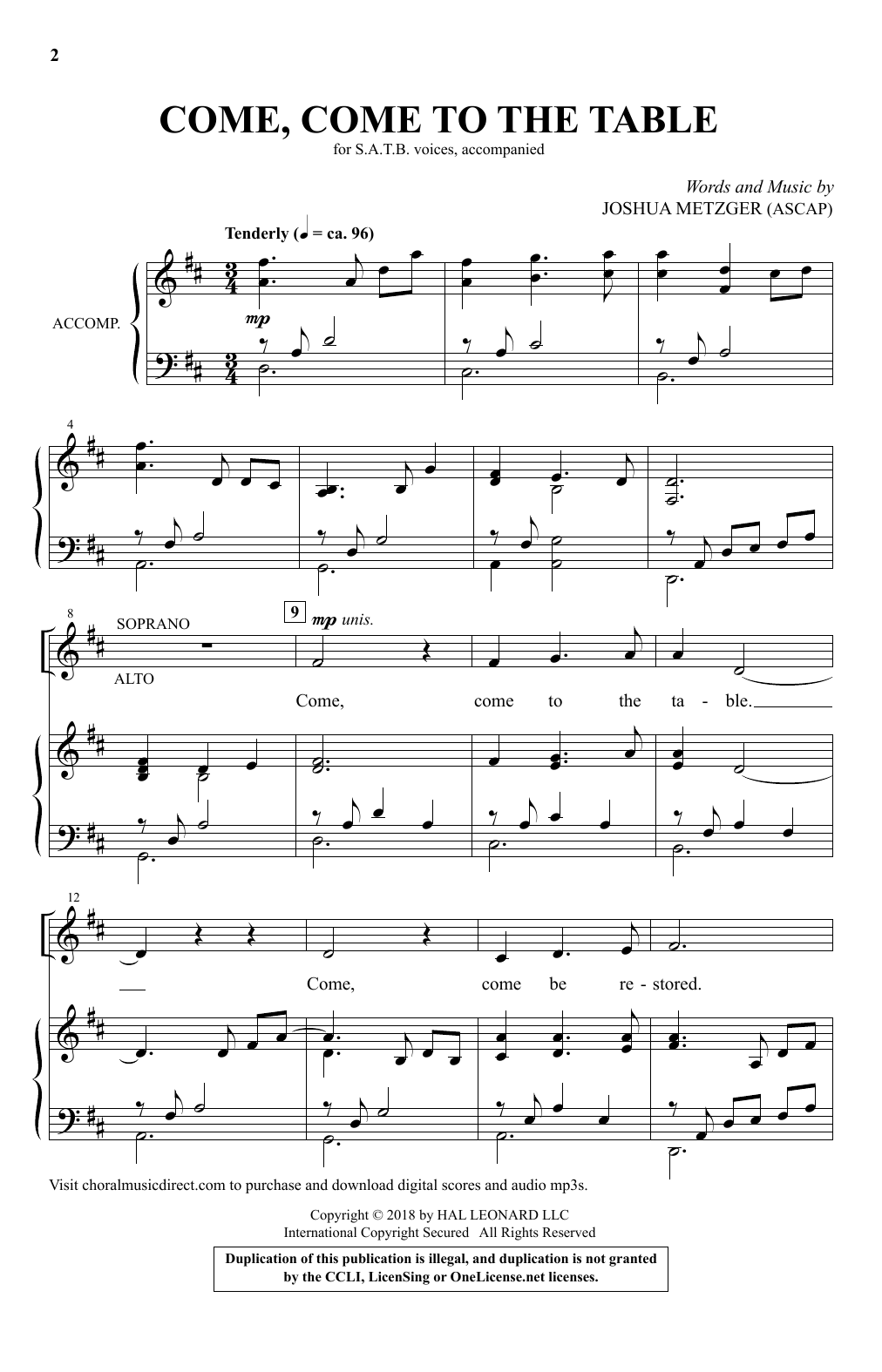 Joshua Metzger Come, Come To The Table Sheet Music Notes & Chords for SATB - Download or Print PDF