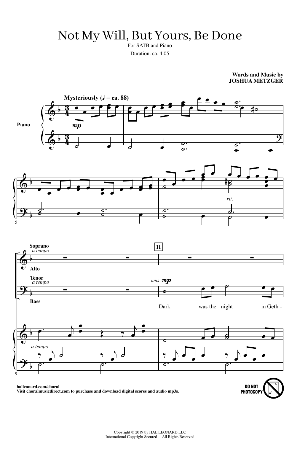 Joshua Metzger Not My Will, But Yours, Be Done Sheet Music Notes & Chords for SATB Choir - Download or Print PDF