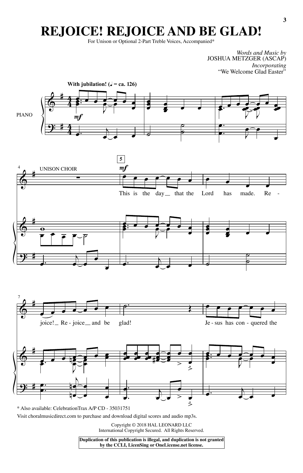 Joshua Metzger Rejoice! Rejoice And Be Glad! Sheet Music Notes & Chords for Unison Choral - Download or Print PDF