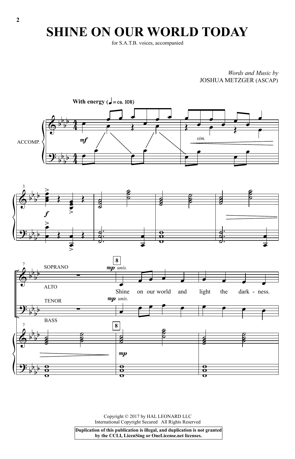 Joshua Metzger Shine On Our World Today Sheet Music Notes & Chords for SATB - Download or Print PDF