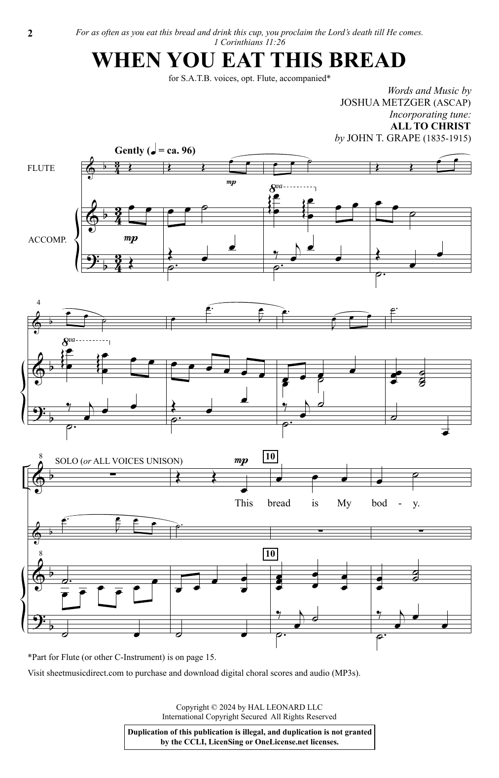Joshua Metzger When You Eat This Bread Sheet Music Notes & Chords for SATB Choir - Download or Print PDF