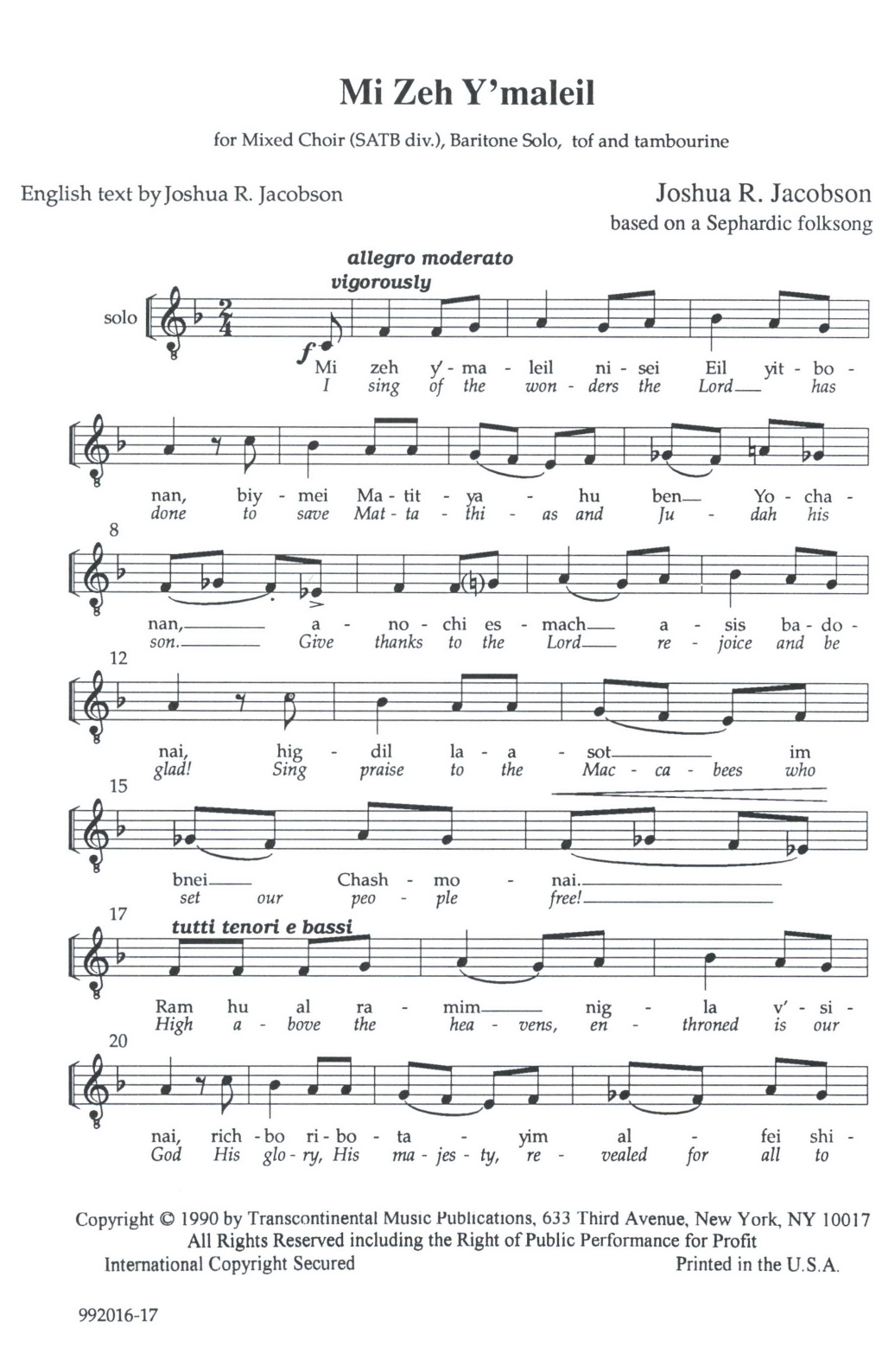 Joshua R. Jacobson Mi Zeh Y'maleil Sheet Music Notes & Chords for SATB Choir - Download or Print PDF