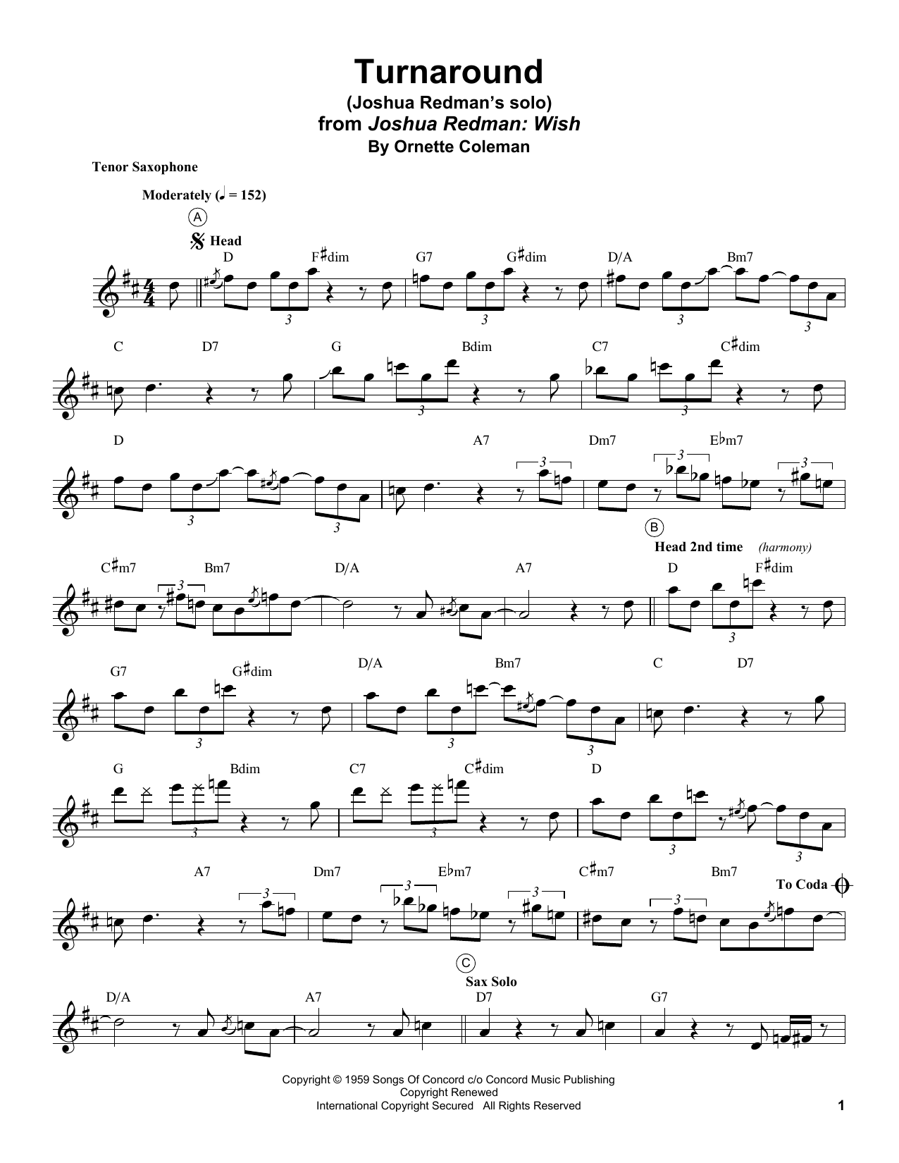 Joshua Redman Turnaround Sheet Music Notes & Chords for Tenor Sax Transcription - Download or Print PDF