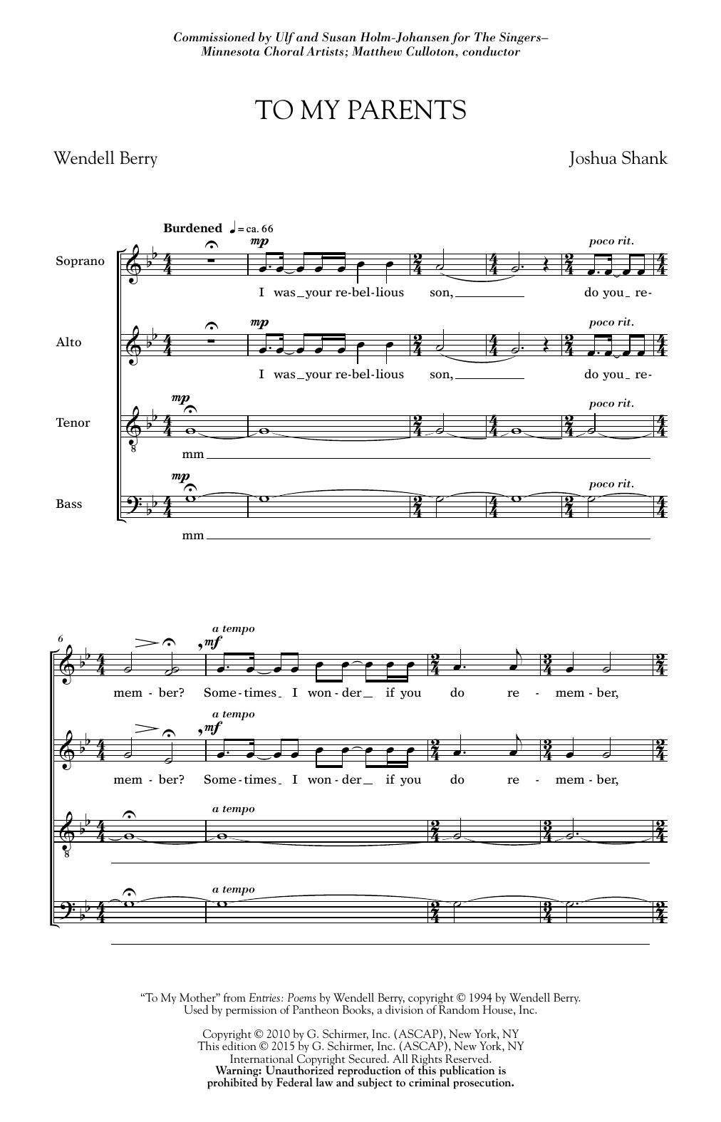 Joshua Shank To My Parents Sheet Music Notes & Chords for SATB - Download or Print PDF