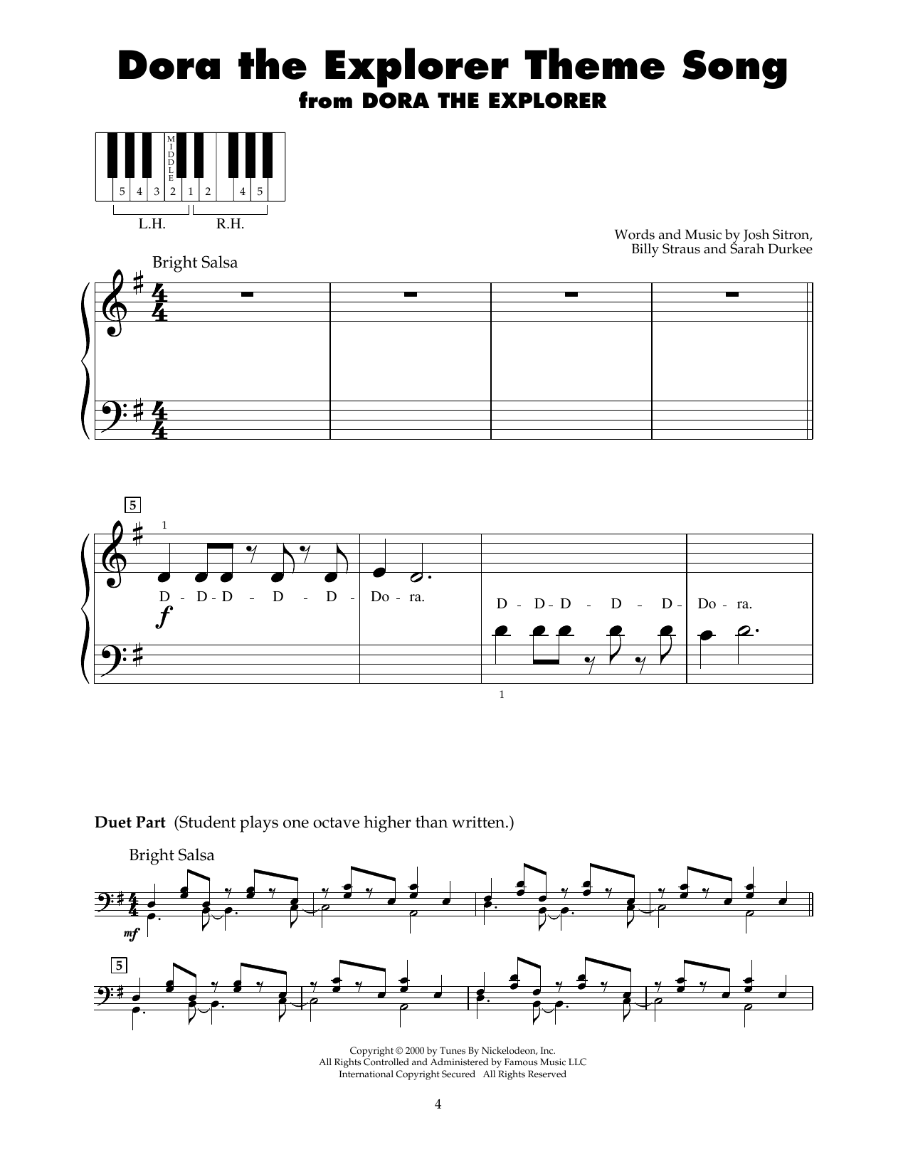 Joshua Sitron Dora The Explorer Theme Song Sheet Music Notes & Chords for 5-Finger Piano - Download or Print PDF