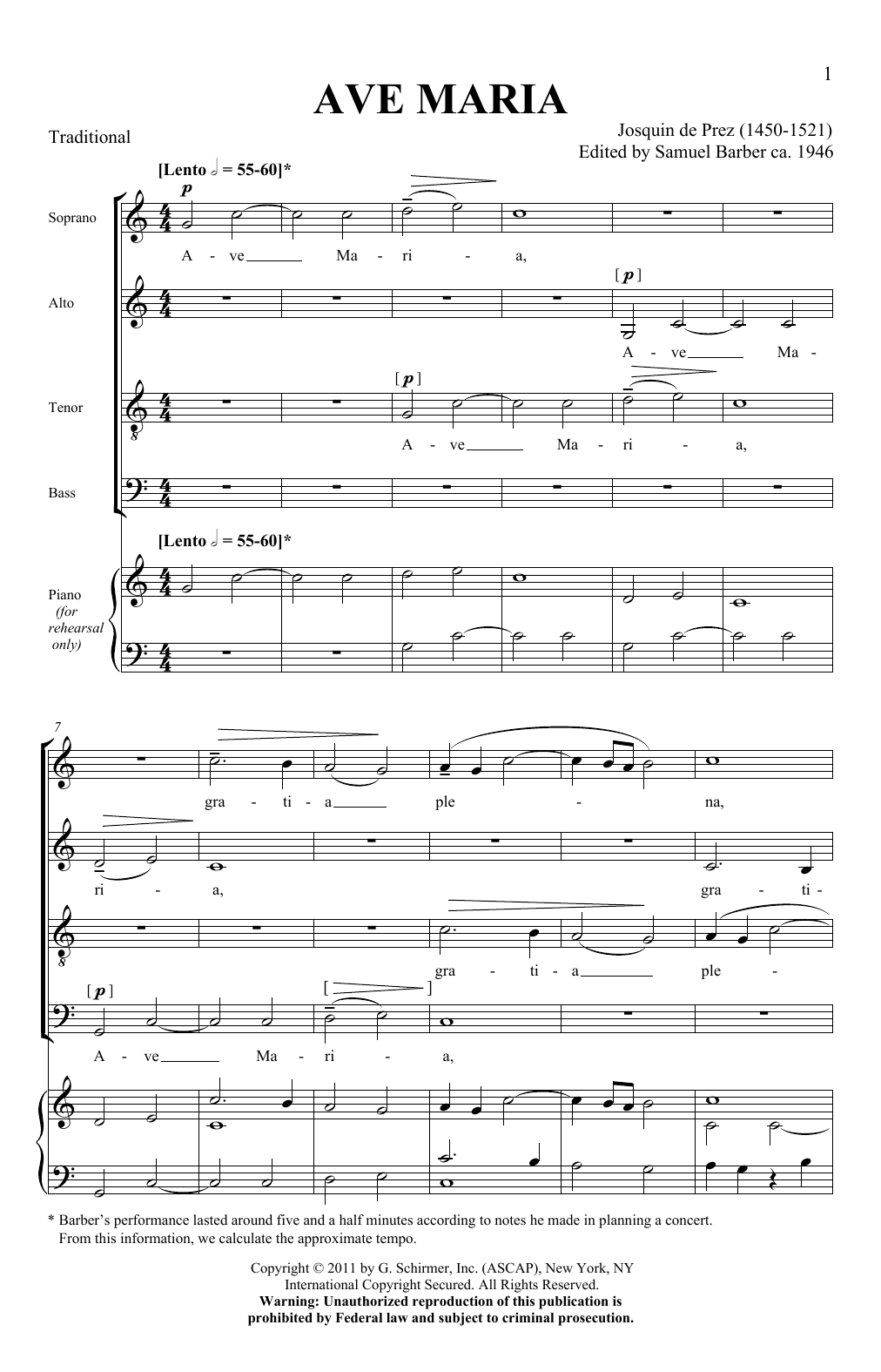Josquin de Prez Ave Maria (ed. Samuel Barber) Sheet Music Notes & Chords for SATB Choir - Download or Print PDF