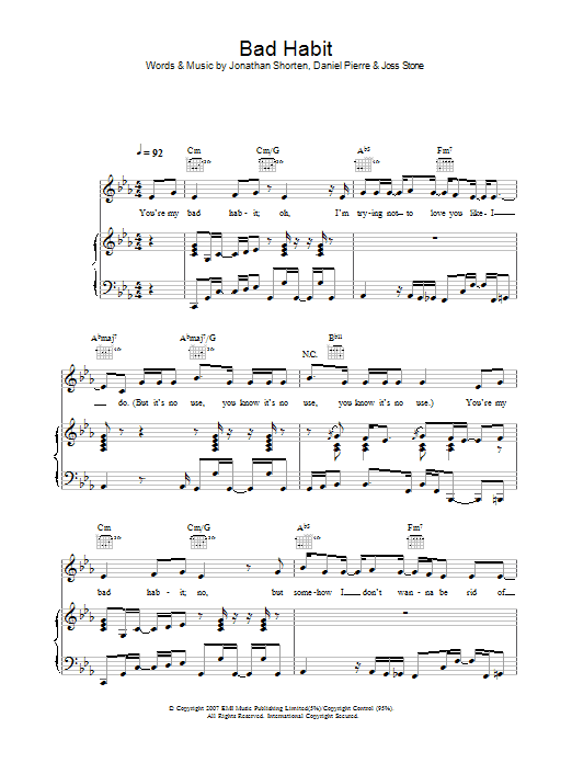 Joss Stone Bad Habit Sheet Music Notes & Chords for Piano, Vocal & Guitar - Download or Print PDF