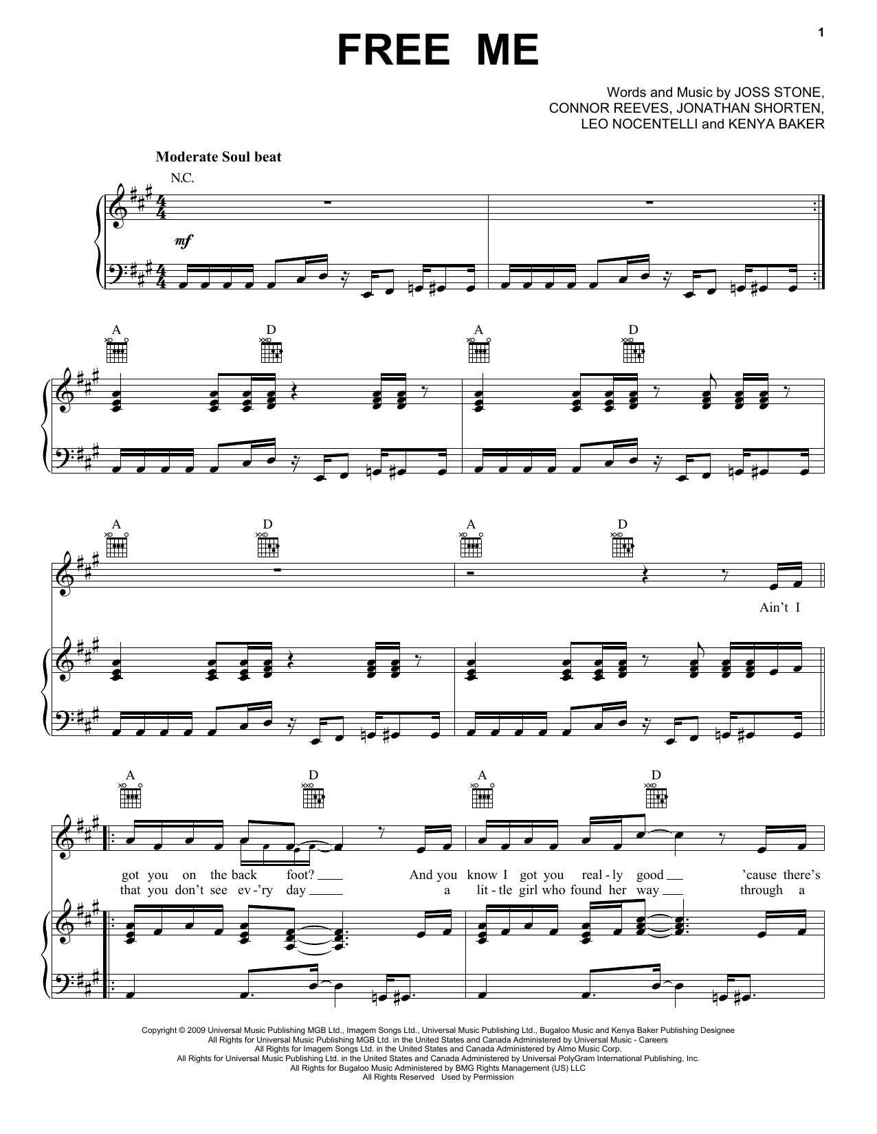 Joss Stone Free Me Sheet Music Notes & Chords for Piano, Vocal & Guitar (Right-Hand Melody) - Download or Print PDF