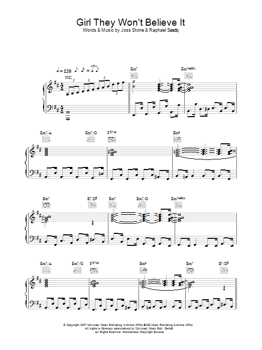 Joss Stone Girl They Won't Believe It Sheet Music Notes & Chords for Piano, Vocal & Guitar - Download or Print PDF