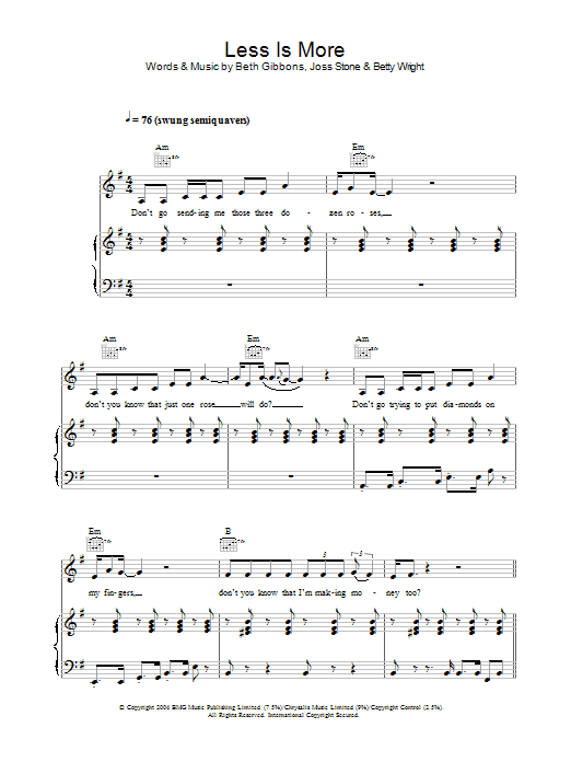 Joss Stone Less Is More Sheet Music Notes & Chords for Piano, Vocal & Guitar - Download or Print PDF