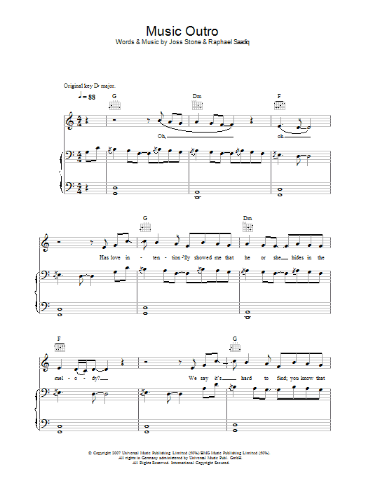 Joss Stone Music (Outro) Sheet Music Notes & Chords for Piano, Vocal & Guitar - Download or Print PDF