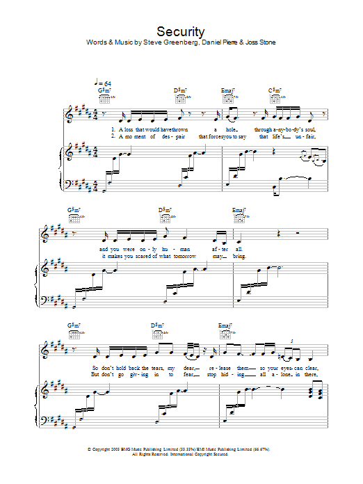 Joss Stone Security Sheet Music Notes & Chords for Piano, Vocal & Guitar - Download or Print PDF