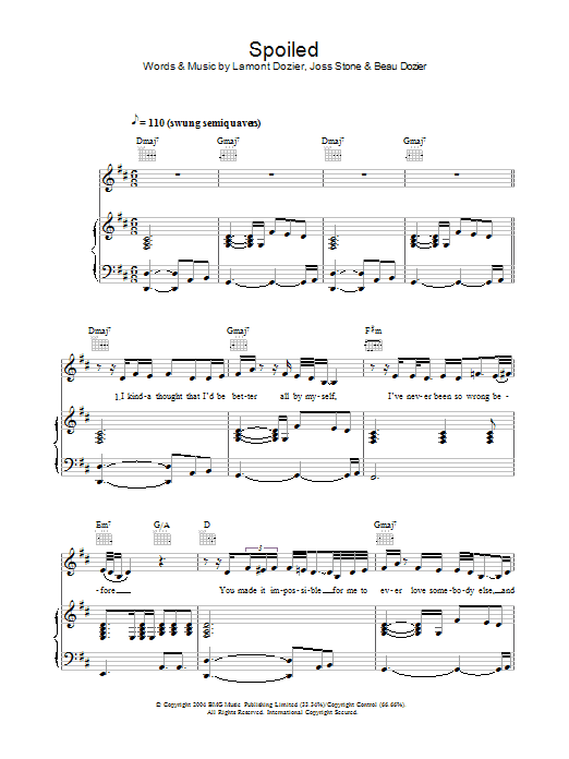 Joss Stone Spoiled Sheet Music Notes & Chords for Piano, Vocal & Guitar - Download or Print PDF