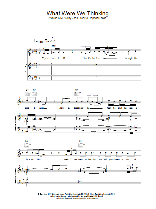 Joss Stone What Were We Thinking Sheet Music Notes & Chords for Piano, Vocal & Guitar - Download or Print PDF