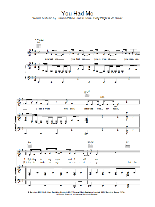 Joss Stone You Had Me Sheet Music Notes & Chords for Piano, Vocal & Guitar (Right-Hand Melody) - Download or Print PDF