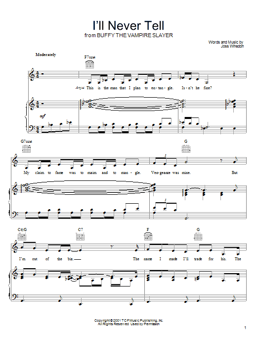 Joss Whedon I'll Never Tell Sheet Music Notes & Chords for Piano, Vocal & Guitar (Right-Hand Melody) - Download or Print PDF