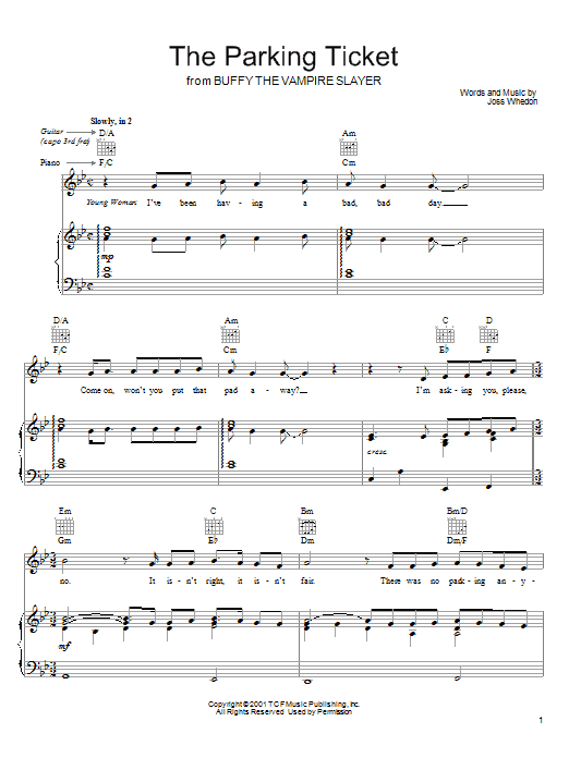 Joss Whedon The Parking Ticket Sheet Music Notes & Chords for Piano, Vocal & Guitar (Right-Hand Melody) - Download or Print PDF