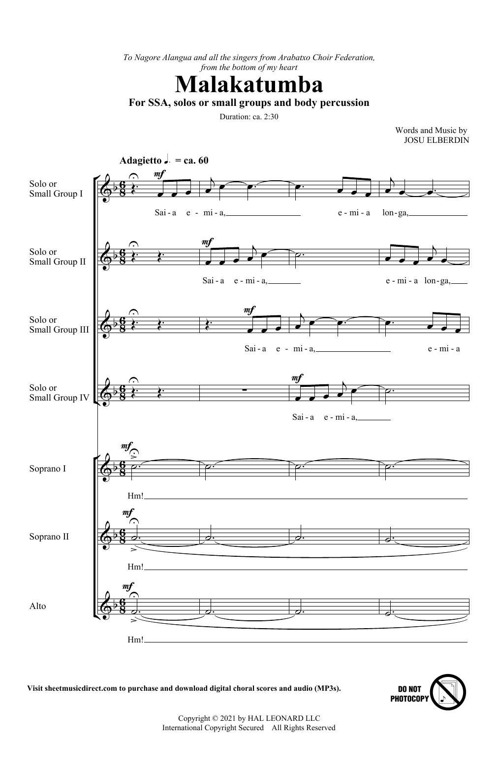 Josu Elberdin Malakatumba Sheet Music Notes & Chords for SSA Choir - Download or Print PDF