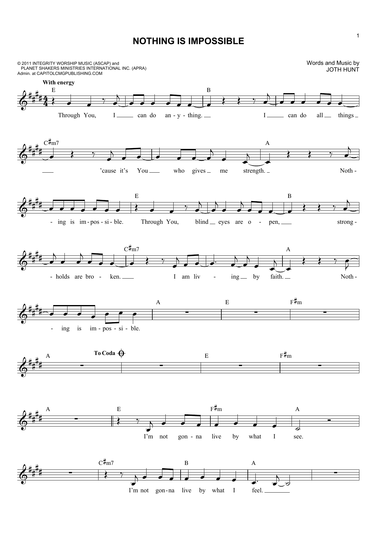 Joth Hunt Nothing Is Impossible Sheet Music Notes & Chords for Melody Line, Lyrics & Chords - Download or Print PDF