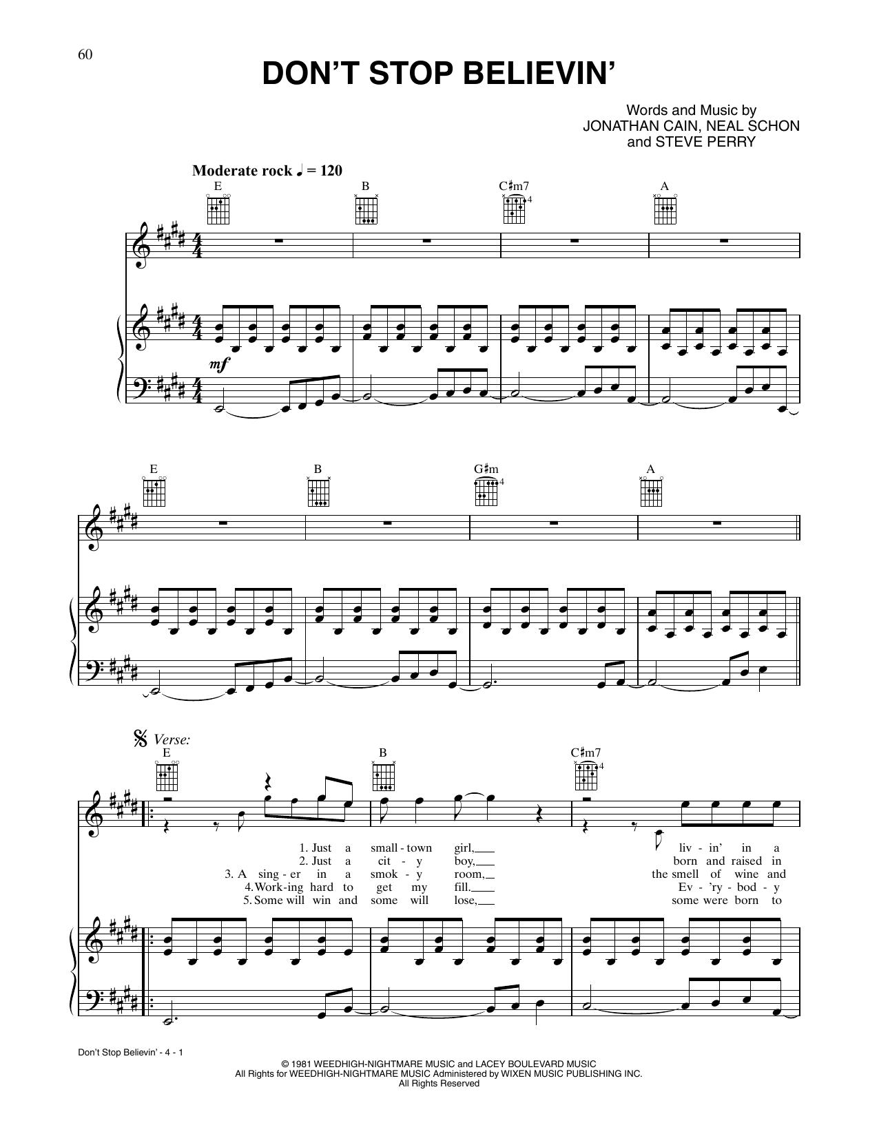 Journey Don't Stop Believin' (from Rock of Ages) Sheet Music Notes & Chords for Piano, Vocal & Guitar Chords (Right-Hand Melody) - Download or Print PDF