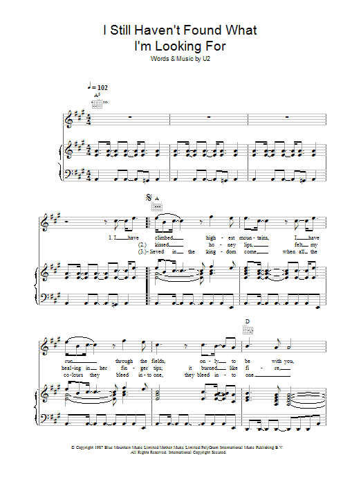 Journey South I Still Haven't Found What I'm Looking For Sheet Music Notes & Chords for Piano, Vocal & Guitar (Right-Hand Melody) - Download or Print PDF