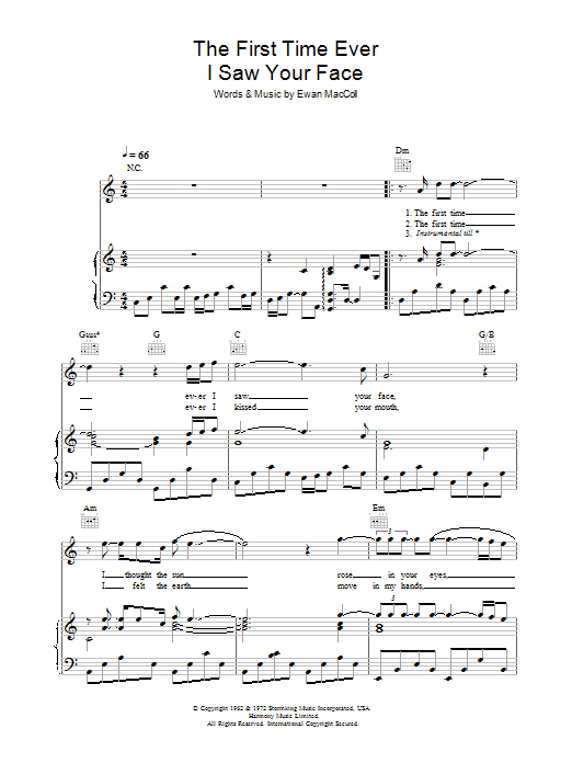 Journey South The First Time Ever I Saw Your Face Sheet Music Notes & Chords for Piano, Vocal & Guitar (Right-Hand Melody) - Download or Print PDF