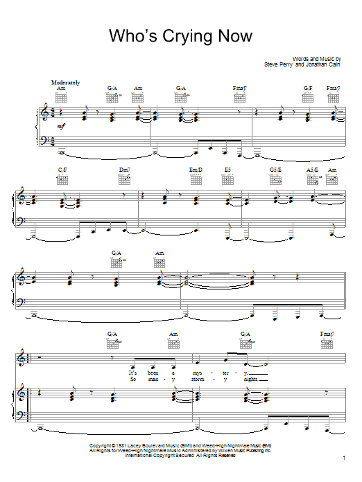 Journey Who's Crying Now Sheet Music Notes & Chords for Piano, Vocal & Guitar (Right-Hand Melody) - Download or Print PDF