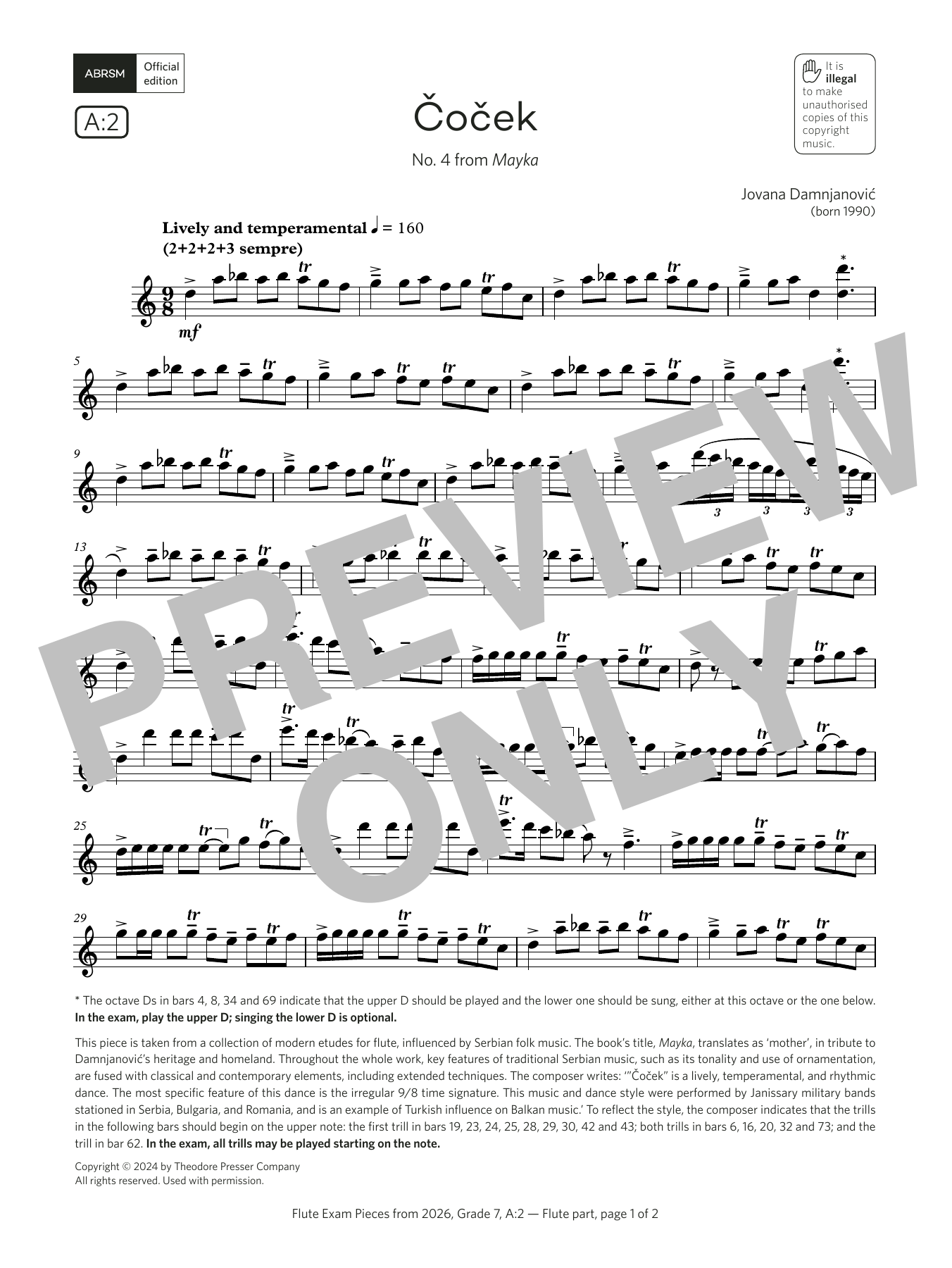 Jovana Damnjanovic Čoček (Grade 7, list A2, from the ABRSM Flute Syllabus from 2026) Sheet Music Notes & Chords for Flute Solo - Download or Print PDF Jovana Damnjanovic Čoček (Grade 7, list A2, from the ABRSM Flute Syllabus from 2026) Sheet Music Notes & Chords for Flute Solo - Download or Print PDF