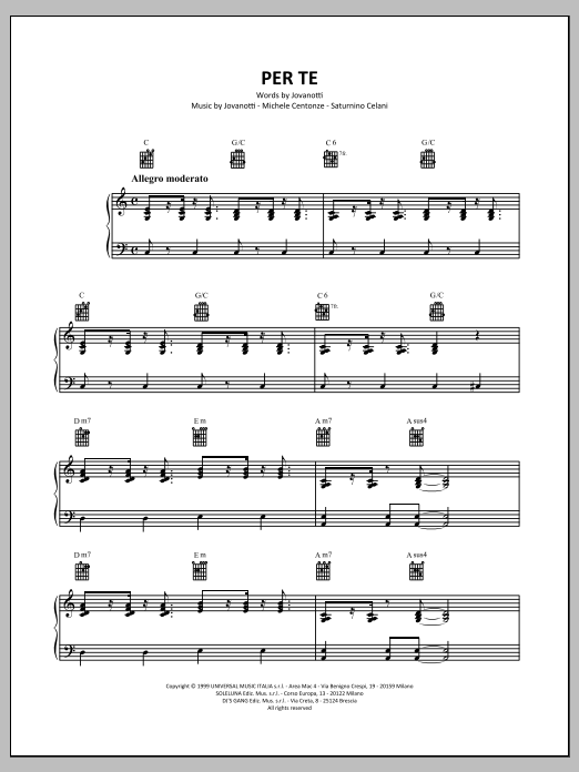 Jovanotti Per Te Sheet Music Notes & Chords for Piano, Vocal & Guitar (Right-Hand Melody) - Download or Print PDF
