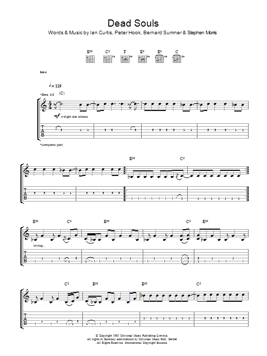 Joy Division Dead Souls Sheet Music Notes & Chords for Guitar Tab - Download or Print PDF