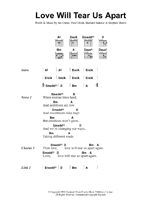 Joy Division Love Will Tear Us Apart Sheet Music Notes & Chords for Lyrics & Chords - Download or Print PDF